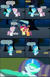 Size: 4551x7001 | Tagged: safe, artist:cyanlightning, derpibooru import, apple bloom, scootaloo, sweetie belle, oc, oc:cyan lightning, earth pony, pegasus, pony, unicorn, comic:cyan's adventure, absurd resolution, bed, colt, comic, cutie mark crusaders, eyes closed, female, filly, fourth wall, magic, male, night, one eye closed, open mouth, sweat