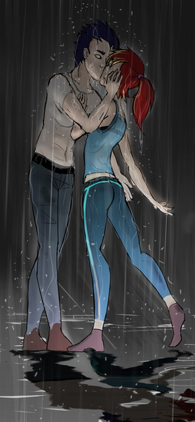 Size: 1000x2162 | Tagged: safe, artist:jaeneth, derpibooru import, rainbow dash, soarin', human, clothes, female, humanized, kissing, male, rain, shipping, soarindash, straight