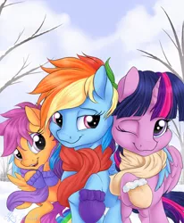 Size: 864x1050 | Tagged: safe, artist:nobody47, derpibooru import, rainbow dash, scootaloo, twilight sparkle, twilight sparkle (alicorn), alicorn, pony, clothes, cute, female, horn, i'll always be here for you, lesbian, mittens, scarf, scootadoption, scootalove, shipping, smiling, twidash, wings, winter