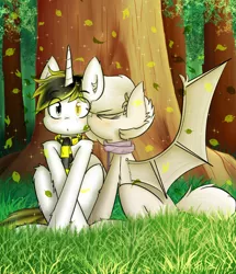 Size: 3024x3520 | Tagged: safe, artist:prism(not colourful), derpibooru import, oc, oc:milk cream, oc:trogler kroglethorn, unofficial characters only, bat pony, bat pony oc, bat wings, blushing, clothes, female, forest, freckles, heterochromia, kissing, male, oc x oc, scarf, shipping, smooch, straight, tree, wings