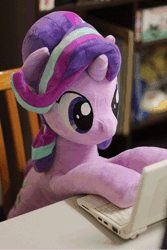 Size: 600x900 | Tagged: safe, artist:nekokevin, derpibooru import, starlight glimmer, twilight sparkle, twilight sparkle (alicorn), alicorn, pony, unicorn, series:nekokevin's glimmy, 4de, animated, boop, chair, clothes, computer, computer mouse, cute, desk, drawing, duo, female, gif, glimmerbetes, headphones, irl, laptop computer, life size, looking at each other, looking down, mare, nekokevin is trying to murder us, noseboop, nuzzling, paper, pencil, photo, plushie, sitting, size difference, smiling, socks, starlight's little twibird, stop motion, striped socks, twiabetes, typing, weapons-grade cute