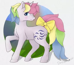 Size: 1024x896 | Tagged: safe, artist:dreamcreationsink, derpibooru import, windy (g1), pony, unicorn, bow, female, g1, mare, raised hoof, solo, tail bow