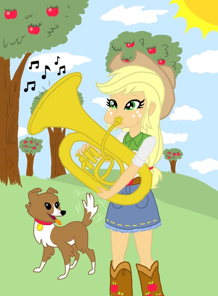 Size: 1511x2054 | Tagged: safe, derpibooru import, applejack, winona, fanfic, fanfic:the tuba cowgirl, equestria girls, apple orchard, ballad (song), colored sketch, fanfic art, illustration, musical instrument, orchard, the tuba cowgirl, tuba, tubajack