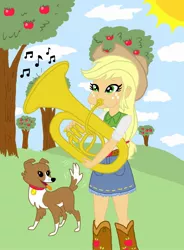 Size: 1511x2054 | Tagged: safe, derpibooru import, applejack, winona, fanfic, fanfic:the tuba cowgirl, equestria girls, apple orchard, ballad (song), colored sketch, fanfic art, illustration, musical instrument, orchard, the tuba cowgirl, tuba, tubajack