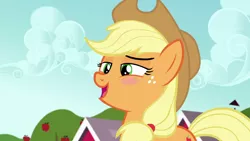 Size: 1280x720 | Tagged: safe, derpibooru import, screencap, applejack, earth pony, pony, brotherhooves social, apple, apple tree, appleblush, applejack's hat, blushing, cowboy hat, female, flattered, food, freckles, hat, looking down, mare, open mouth, solo, stetson, sweet apple acres, tree