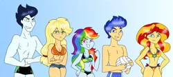 Size: 2868x1288 | Tagged: suggestive, artist:purfectprincessgirl, derpibooru import, applejack, flash sentry, rainbow dash, soarin', sunset shimmer, equestria girls, abs, belly button, bikini, breasts, clothes, equestria girls-ified, flexing, looking at you, nipples, nudity, smiling, speedo, sports, swimming trunks, swimsuit, volleyball