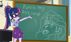 Size: 1460x865 | Tagged: suggestive, derpibooru import, edit, edited screencap, screencap, sci-twi, sunset shimmer, twilight sparkle, equestria girls, equestria girls series, overpowered (equestria girls), chalkboard, geode of telekinesis, magical geodes, meme, sci-twi's chalkboard, shitposting, twilight sparkle's chalkboard, vulgar