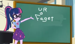 Size: 1461x865 | Tagged: safe, derpibooru import, edit, edited screencap, screencap, sci-twi, twilight sparkle, equestria girls, equestria girls series, overpowered (equestria girls), chalkboard, faget, faggot, geode of telekinesis, magical geodes, meme, sci-twi's chalkboard, slur, twilight sparkle's chalkboard, ur a faget, vulgar, you're