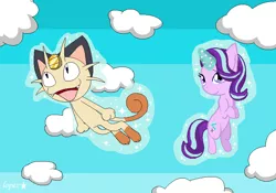 Size: 824x578 | Tagged: artist:lopez765, cat, crossover, derpibooru import, levitation, magic, meowth, pokémon, safe, self-levitation, starlight glimmer, telekinesis