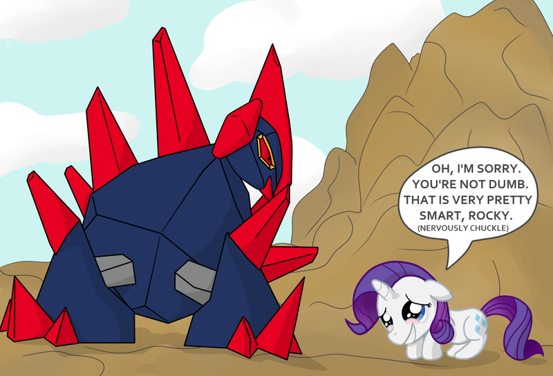 Size: 1584x1080 | Tagged: artist:deaf-machbot, crossover, derpibooru import, female, filly, gigalith, nervous, pokémon, rarity, rock, safe, speech bubble, stare