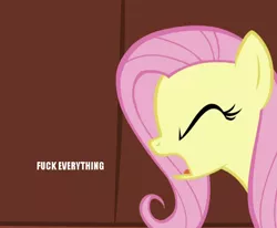 Size: 850x700 | Tagged: caption, derpibooru import, edit, edited screencap, eyes closed, fluttershy, fuck, fuck everything, green isn't your color, image macro, meme, open mouth, safe, screaming, screencap, text, vulgar