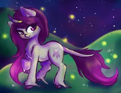 Size: 4559x3523 | Tagged: safe, artist:wickedsilly, derpibooru import, oc, oc:wicked silly, unofficial characters only, classical unicorn, firefly (insect), insect, pony, unicorn, cloven hooves, curved horn, female, horn, leonine tail, mare, night, smiling, solo, unshorn fetlocks