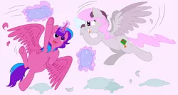 Size: 5920x3168 | Tagged: alicorn, alicorn oc, artist:glitterstar2000, derpibooru import, feather, horn, hybrid, interspecies offspring, magic, oc, oc:beryl (discoshy), oc:melody aurora, offspring, parent:discord, parent:flash sentry, parent:fluttershy, parents:discoshy, parents:flashlight, parent:twilight sparkle, pillow, pillow fight, safe, unofficial characters only, wings