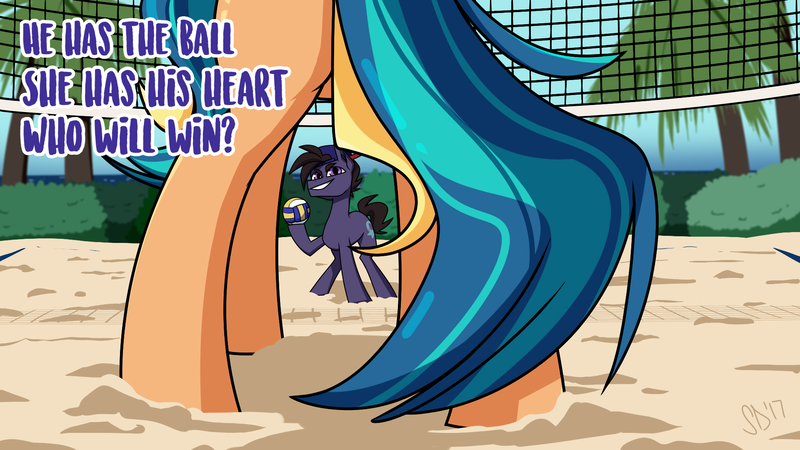 Size: 1920x1080 | Tagged: safe, artist:pixxpal, derpibooru import, oc, oc:break spin, oc:playa "spikeball" azul, unofficial characters only, earth pony, pony, beach, butt, cap, female, framed by legs, hat, male, mare, oc x oc, palm tree, plot, rear view, sand, shadow, shipping, spikespin, sports, stallion, straight, tree, volleyball, volleyball net