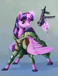 Size: 2560x3369 | Tagged: safe, artist:terrafomer, derpibooru import, twilight sparkle, twilight sparkle (alicorn), alicorn, pony, clothes, gun, mp5k, solo, submachinegun, suit, weapon