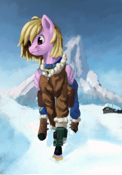 Size: 1792x2560 | Tagged: safe, artist:terrafomer, derpibooru import, oc, oc:dazzling "dodo" dusk, unofficial characters only, pegasus, pony, fallout equestria, fallout equestria: the fossil, clothes, dodo, fanfic art, mountain, snow, solo