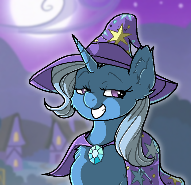 Size: 777x749 | Tagged: safe, artist:victoriathething, derpibooru import, trixie, pony, unicorn, cape, clothes, female, fluffy, hat, lidded eyes, looking at you, mare, moon, night, solo, trixie's cape, trixie's hat