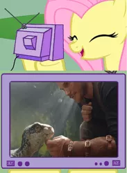 Size: 564x771 | Tagged: blue, blue (raptor), chris pratt, derpibooru import, dinosaur, exploitable meme, fluttershy, jurassic park, jurassic world, jurassic world fallen kingdom, meme, obligatory pony, owen grady, safe, tv meme, velociraptor