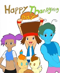 Size: 2543x3066 | Tagged: safe, artist:pokeneo1234, derpibooru import, pound cake, pumpkin cake, bird, turkey, crossover, enid, holiday, k.o. (ok k.o.!), ok k.o.! lets be heroes, radicles, thanksgiving