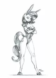 Size: 1006x1400 | Tagged: suggestive, artist:baron engel, derpibooru import, rarity, anthro, unguligrade anthro, unicorn, big breasts, breasts, bunny ears, bunny suit, busty rarity, clothes, cuffs (clothes), curvy, female, grayscale, hourglass figure, legs, mare, monochrome, pencil drawing, simple background, sketch, smiling, solo, solo female, traditional art, white background