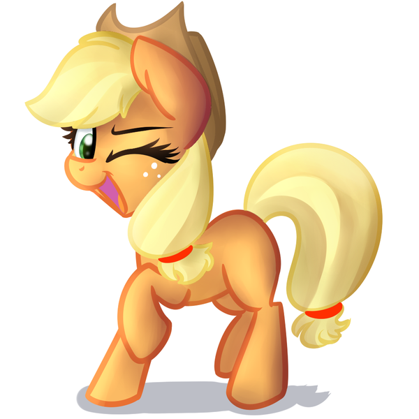 Size: 1000x1000 | Tagged: safe, artist:littleblackraencloud, derpibooru import, applejack, earth pony, pony, applejack's hat, cowboy hat, female, freckles, hat, looking at you, mare, missing cutie mark, one eye closed, open mouth, raised hoof, simple background, smiling, solo, standing, white background, wink