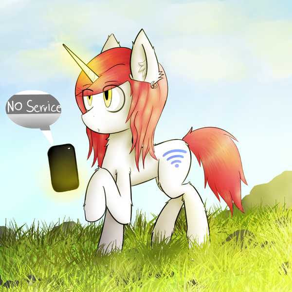 Size: 3024x3024 | Tagged: safe, artist:prism(not colourful), derpibooru import, oc, oc:wifi, unofficial characters only, unicorn, bright, cloud, ear piercing, earring, female, grass, jewelry, magic, mare, noservice, nosignal, phone, piercing, rock, wi-fi