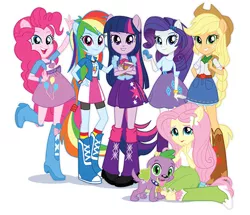 Size: 600x517 | Tagged: safe, derpibooru import, applejack, fluttershy, pinkie pie, rainbow dash, rarity, spike, twilight sparkle, twilight sparkle (alicorn), alicorn, dog, equestria girls, equestria girls (movie), backpack, book, boots, clothes, compression shorts, cowboy hat, cute, denim skirt, hand mirror, hat, high heel boots, humane five, leg warmers, mane seven, mane six, ponied up, shoes, skirt, spike the dog, stetson, wingless