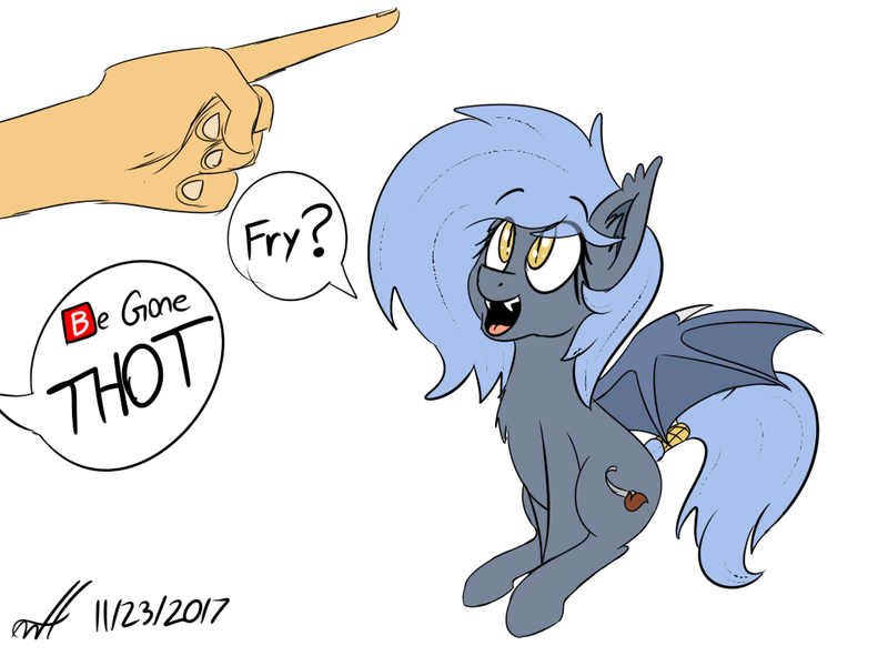Size: 1024x768 | Tagged: safe, artist:xwoofyhoundx, derpibooru import, oc, oc:panne, unofficial characters only, bat pony, human, pony, bat pony oc, bat wings, begone thot, chest fluff, cute, dialogue, ear fluff, ear tufts, emoji, eyes on the prize, fangs, female, hand, hungry, looking at something, looking up, mare, open mouth, pointing, question mark, simple background, sitting, smiling, solo focus, speech bubble, spread wings, tail wrap, that pony sure does love fries, thot, white background, wings, 🅱