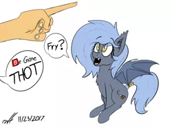 Size: 1024x768 | Tagged: safe, artist:xwoofyhoundx, derpibooru import, oc, oc:panne, unofficial characters only, bat pony, human, pony, bat pony oc, bat wings, begone thot, chest fluff, cute, dialogue, ear fluff, ear tufts, emoji, eyes on the prize, fangs, female, hand, hungry, looking at something, looking up, mare, open mouth, pointing, question mark, simple background, sitting, smiling, solo focus, speech bubble, spread wings, tail wrap, that pony sure does love fries, thot, white background, wings, 🅱