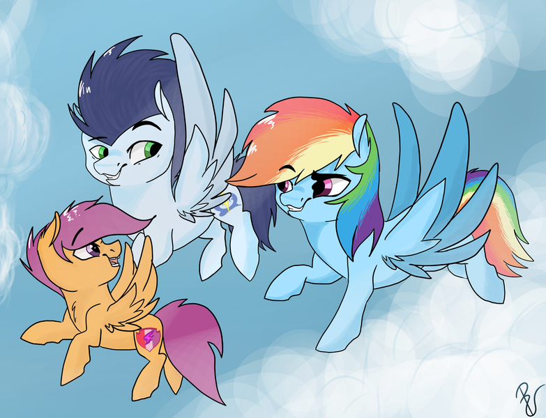 Size: 1280x981 | Tagged: safe, artist:poowndraww, derpibooru import, rainbow dash, scootaloo, soarin', pony, female, male, scootaloo can fly, scootalove, shipping, soarindash, straight