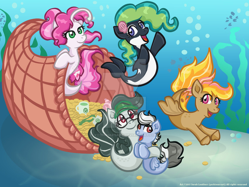 Size: 900x675 | Tagged: angler seapony, artist:yoshimarsart, cornucopia, derpibooru import, everfree northwest, glasses, oc, oc:front page, oc:marina (efnw), oc:mocha sunrise, oc:novella, oc:sharp focus, safe, seaponified, seapony (g4), species swap, unofficial characters only