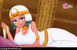 Size: 1216x800 | Tagged: safe, artist:clouddg, derpibooru import, somnambula, daring done?, equestria girls, arm under breasts, big breasts, blindfold, breasts, busty somnambula, cleavage, clothes, egyptian, equestria girls-ified, eyeshadow, female, lipstick, looking at you, lying down, makeup, side, smiling, solo