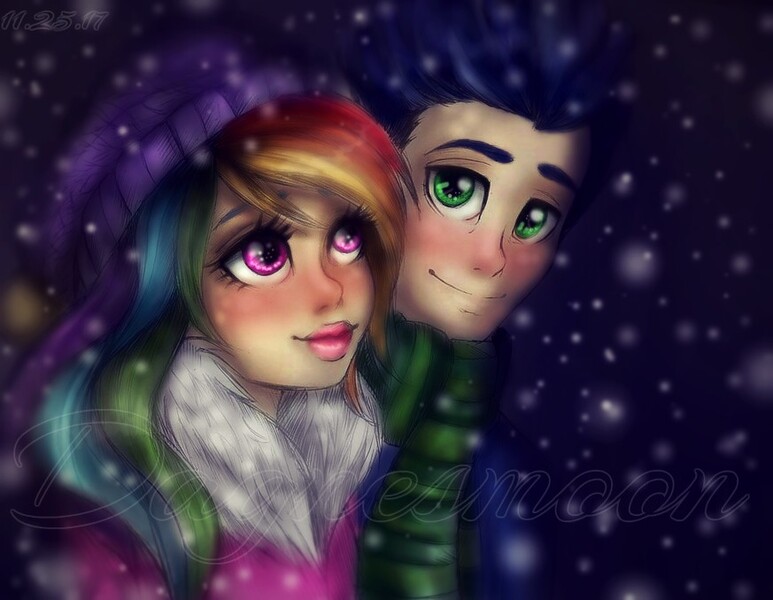 Size: 873x678 | Tagged: safe, artist:dagnesmoon, derpibooru import, rainbow dash, soarin', human, blushing, clothes, female, humanized, male, multicolored hair, shipping, smiling, snow, snowfall, soarindash, straight