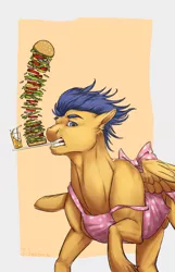 Size: 900x1400 | Tagged: safe, artist:rossignolet, derpibooru import, flash sentry, pegasus, pony, beverage, bun (food), burger, cheese, clothes, flash hunktry, food, glass, hamburger bun, lettuce, male, mouth hold, onion, solo, straw, tomato, tray