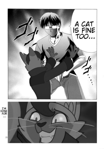 Size: 600x857 | Tagged: 2 panel comic, abyssinian, a cat is fine too, anthro, capper dapperpaws, cat, comic, derpibooru import, grayscale, human, implied gay, implied sex, jojo's bizarre adventure, manga, menacing, monochrome, my little pony: the movie, suggestive, that's why i assault ren, unzipping, ゴ ゴ ゴ