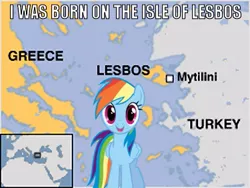 Size: 375x282 | Tagged: caption, derpibooru import, drama bait, greece, image macro, lesbos, map, meme, rainbow dash, safe, sally, silly, text, turkey (country)