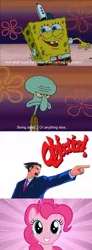 Size: 450x1228 | Tagged: safe, artist:daddius, derpibooru import, pinkie pie, ace attorney, can you spare a dime?, crossover, image, jpeg, phoenix wright, spongebob squarepants, spongebob squarepants (character), squidward tentacles