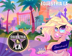 Size: 1024x791 | Tagged: safe, artist:meekcheep, derpibooru import, oc, oc:starstruck, unofficial characters only, pony, unicorn, beach, bubblegum, chair, con book, convention, convention art, director's chair, disneyland, equestria la, female, ferris wheel, food, gum, hotel, looking at you, mare, mascot, palm tree, solo focus, sunglasses, tree, watermark