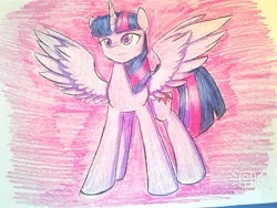 Size: 1012x760 | Tagged: safe, artist:ponime11, derpibooru import, twilight sparkle, twilight sparkle (alicorn), alicorn, pony, solo, spread wings, traditional art, wings