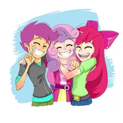 Size: 600x600 | Tagged: safe, artist:guywhodoesart, derpibooru import, apple bloom, scootaloo, sweetie belle, human, equestria girls, adorabloom, apple bloom's bow, bow, clothes, cute, cutealoo, cutie mark crusaders, diasweetes, eyes closed, female, hair bow, hug, humanized, image, jpeg, open mouth, peace sign, simple background, smiling, trio, white background