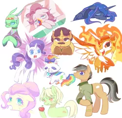 Size: 1280x1242 | Tagged: safe, artist:kkmrarar, derpibooru import, coriander cumin, daybreaker, fluttershy, free love (changedling), granny smith, opalescence, pinkie pie, princess luna, quibble pants, rarity, changedling, changeling, pony, 28 pranks later, a royal problem, flutter brutter, season 6, spice up your life, stranger than fan fiction, the perfect pear, to change a changeling, alternate hairstyle, angry, apple, bed, clothes, cookie zombie, cute, eyes closed, female, floppy ears, food, glasses, hippieling, leaning, licking, looking at you, male, mare, open mouth, sad, sadorable, simple background, smiling, stallion, sweat, sweatdrop, tongue out, white background, young granny smith, younger