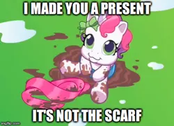 Size: 477x348 | Tagged: clothes, derpibooru import, g3.5, implied sweetiepoo, newborn cuties, over two rainbows, poop, safe, scarf, screencap, sweetie belle (g3), text