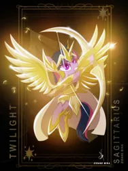 Size: 3161x4200 | Tagged: safe, artist:zidanemina, derpibooru import, twilight sparkle, twilight sparkle (alicorn), alicorn, pony, absurd resolution, archer, archery, armor, arrow, bow (weapon), cloak, clothes, crossover, female, gold cloth, gold saint, gritted teeth, mare, sagittarius, saint seiya, solo, zodiac