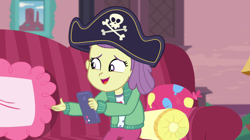 Size: 1920x1080 | Tagged: safe, derpibooru import, screencap, lily pad (equestria girls), equestria girls, equestria girls series, pinkie sitting, clothes, couch, female, hat, indoors, mobile phone, open mouth, pants, phone, pillow, pirate hat, smartphone, solo, young