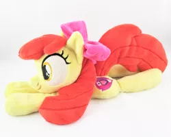 Size: 3623x2899 | Tagged: safe, artist:kazzysart, derpibooru import, apple bloom, pony, adorabloom, apple bloom's bow, beanie (plushie), bow, cute, cutie mark, female, filly, hair, hair bow, high res, irl, photo, plushie, prone, red hair, solo, the cmc's cutie marks, yellow fur