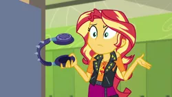 Size: 1280x720 | Tagged: safe, derpibooru import, screencap, sunset shimmer, equestria girls, equestria girls series, overpowered (equestria girls), canterlot high, clothes, door, female, geode of empathy, headphones, magical geodes, music room, shrug, shrugset shimmer, solo, spikes, standing