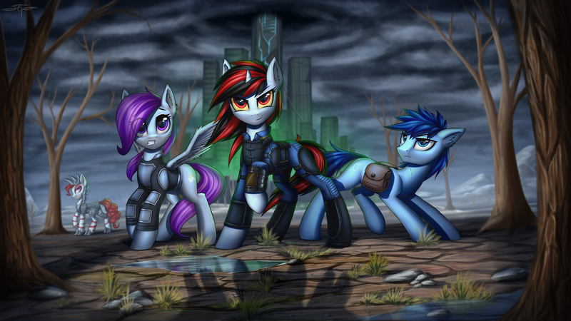 Size: 6000x3374 | Tagged: safe, artist:setharu, derpibooru import, oc, oc:blackjack, oc:morning glory (project horizons), oc:p-21, oc:rampage, unofficial characters only, earth pony, pegasus, pony, unicorn, fallout equestria, fallout equestria: project horizons, absurd resolution, armor, bag, barbed wire, city, clothes, fanfic art, hoofington, saddle bag, scenery, spikes, wasteland