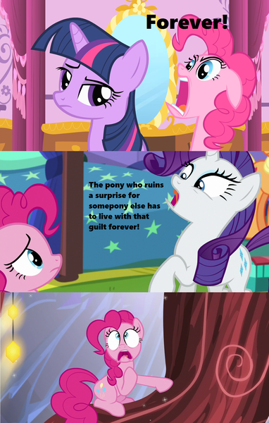 Size: 1280x2013 | Tagged: safe, derpibooru import, edit, edited screencap, screencap, pinkie pie, rarity, twilight sparkle, earth pony, pony, unicorn, green isn't your color, season 1, season 5, the one where pinkie pie knows, a taste of their own medicine, angry face, bed, carousel boutique, forever, freaking out, mirror, slowpoke, stars, tree roots, twilight's castle