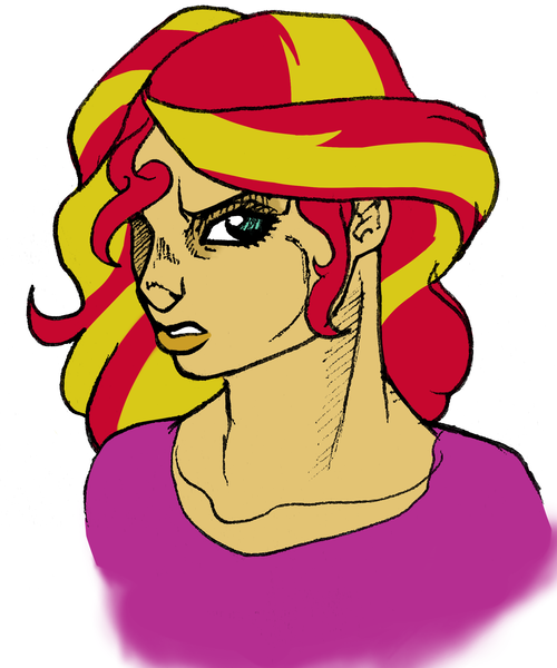 Size: 1932x2317 | Tagged: safe, artist:pantheracantus, derpibooru import, sunset shimmer, equestria girls, clothes, colored, jojo's bizarre adventure, simple background, style emulation, vento aureo, white background