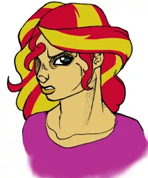 Size: 1932x2317 | Tagged: safe, artist:pantheracantus, derpibooru import, sunset shimmer, equestria girls, clothes, colored, jojo's bizarre adventure, simple background, style emulation, vento aureo, white background